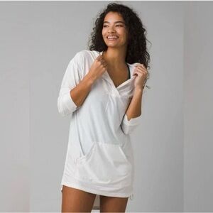 PRANA Mantra Bay Hooded Tunic Beach Cover Up 3/4 Sleeve White UPF 25+ Size XS